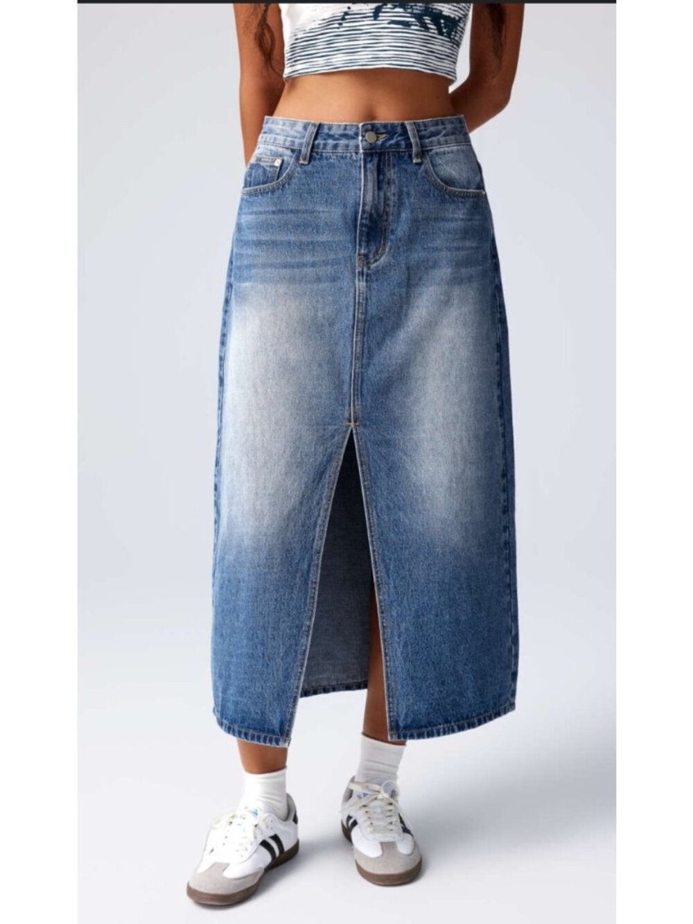Cider Womens Medium Wash Denim Midi Skirt With Front Slit Size L - Picture 1 of 5